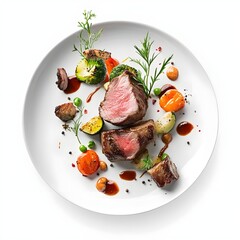 floated Veal tenderloin with seasonal vegetables falling into a plate isolate on white background


