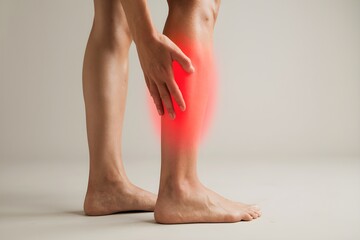Closeup of persons calf with red glow indicating discomfort, hand on calf
