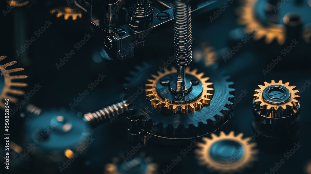 Poster close up of metallic gears and spring in machine