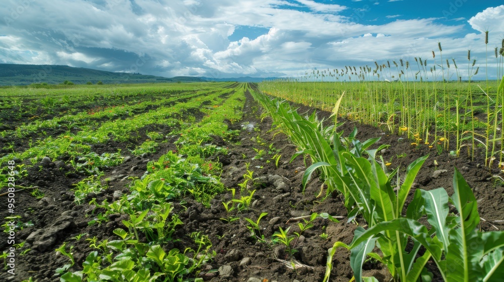 Wall mural Infographic highlighting benefits of cover crops for sustainable agriculture and environmental health in diverse farming landscapes