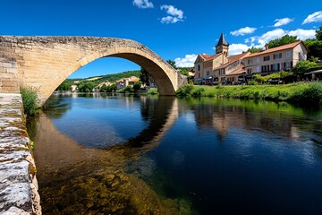 Fototapeta premium Bridge Arch, Stone, and Historic depicted in a picturesque European town where a centuries-old stone bridge crosses a tranquil river, with historic buildings lining the banks