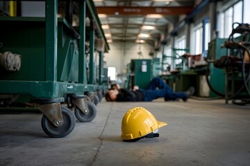 Fototapeta premium Yellow hard hat on ground beside equipment, injured person lying in industrial workshop
