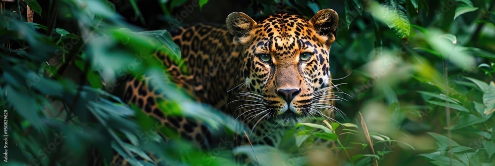 Poster intriguing leopard displaying distinctive patterns amid a vibrant green forest during summer.