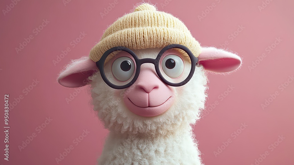 Poster 3d animated character of a sheep with glasses and hat against a plain background, perfect for creati