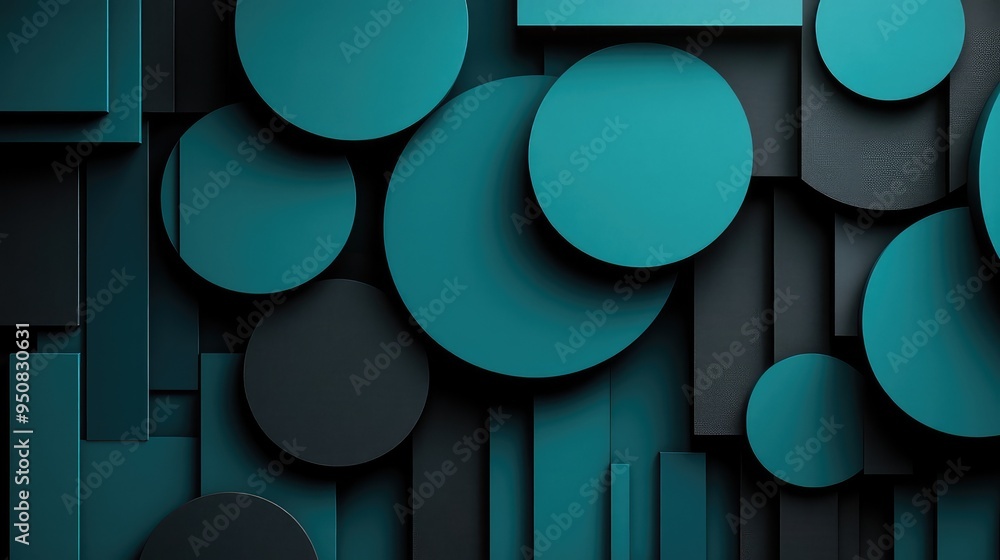 Poster geometric shapes in black and teal color scheme - layered and overlapping design creating depth for 