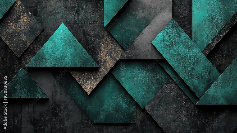 Poster geometric shapes in black and teal color scheme - layered and overlapping design creating depth for 