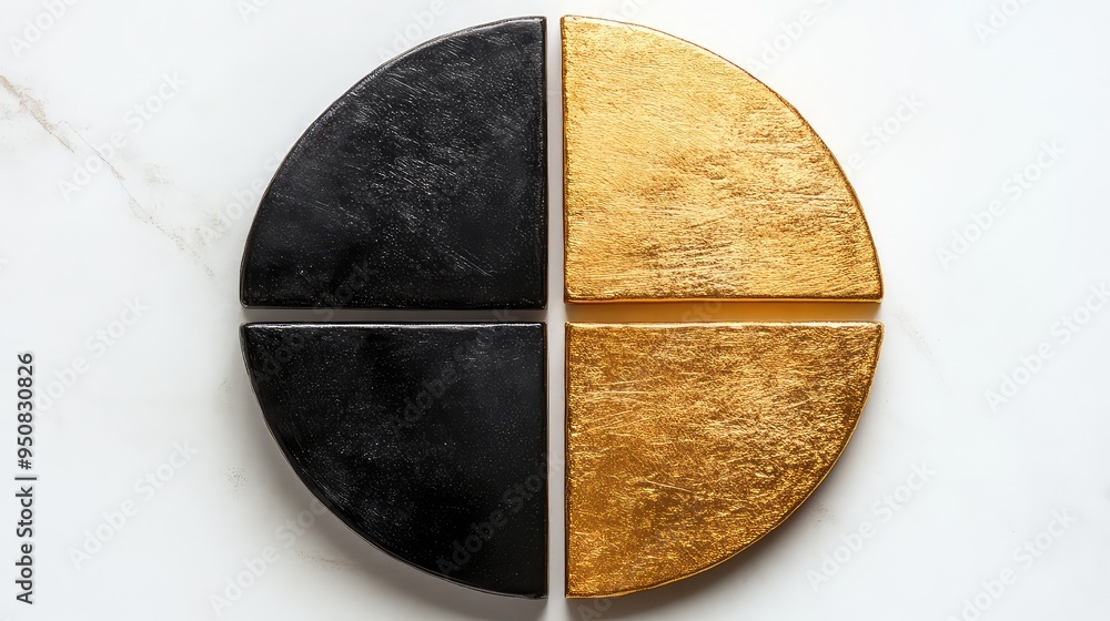 Poster abstract pie chart with two segments in black and gold, ideal for data visualization and business pr