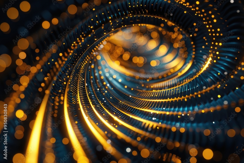 Poster a mesmerizing spiral of golden and blue lights on a dark background, ideal for use in futuristic or 