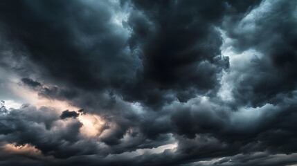 Obraz premium dark dramatic sky with black stormy clouds before rain or snow as abstract background, extreme weather, the sun shines through the clouds, high contrast photo