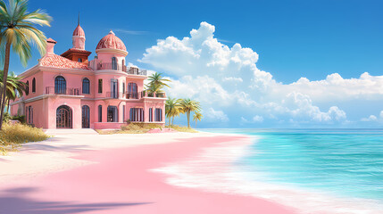 A dreamlike image featuring an elegant pink mansion on a tropical beach with pink sand and azure sea. Dreamlike. Illustration