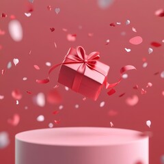 Fototapeta premium A 3d red gift box flying on a podium, a ribbon with a bow around the edge of the background