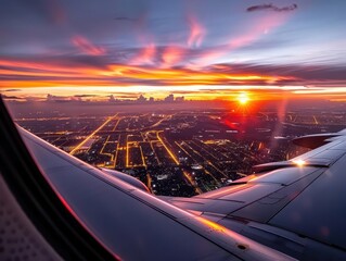 Obraz premium Airplane wing during sunrise, serene and expansive, Travel, Warm tones, Photograph, Sky high