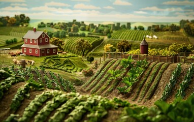 Animals grazing alongside diverse crops on a small farm practicing integrated farming methods in a lush green landscape