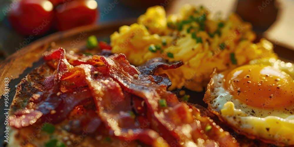 Poster close up of delicious crispy bacon slices and scrambled eggs with a shallow depth of field