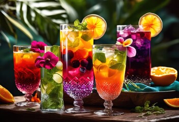 colorful beverage blends displaying variety unique flavors tantalizing experiences all enjoy, drink, taste, refreshment, mix, gourmet, natural, fruity