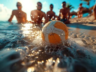 Beach activities with friends, playful and lively, Coastal, Bright colors, Photograph, Summertime fun