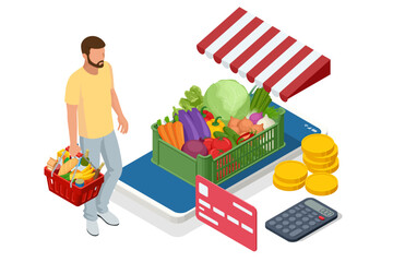 Online sale of vegetables and fruits. Isometric Farmer sells fresh Fruts and vegetables. Natural fresh products. Sellers and marketing concept. Farmer market.
