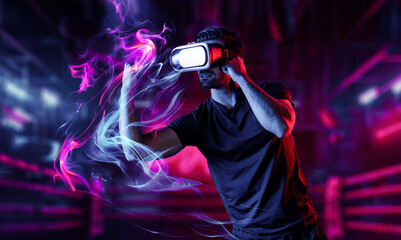 Man wearing VR glass and smashing or punching at camera in neon boxing arena. Sport gamer boxing and moving gesture in metaverse or virtual world while using digital technology innovation. Deviation.