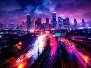Obraz premium City skyline at night, vibrant and expansive, Urban, Bright colors, Photograph, Urban beauty