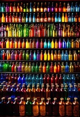 Fototapeta premium colorful glass bottles displaying vibrant beverages bright eye catching arrangement, art, drink, refreshing, liquid, transparent, refreshment, design, modern