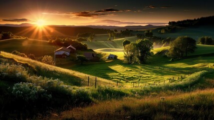 Fototapeta premium Countryside scene with rolling hills, peaceful and pastoral, Rural, Soft greens, Photograph, Tranquil beauty
