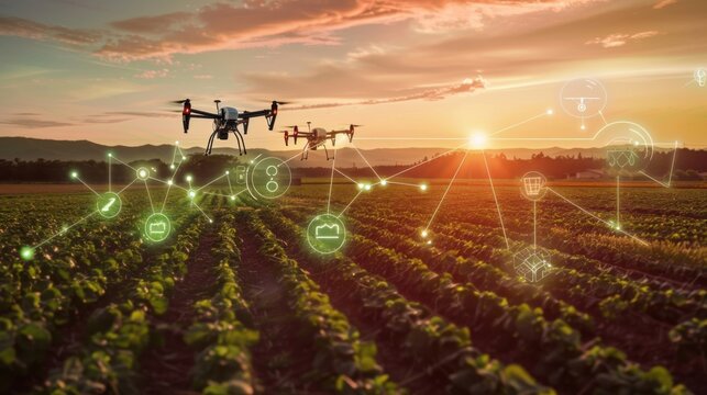 Tech-enhanced farming showcasing drones and sensors optimizing crop health at sunset over a sustainable farm environment