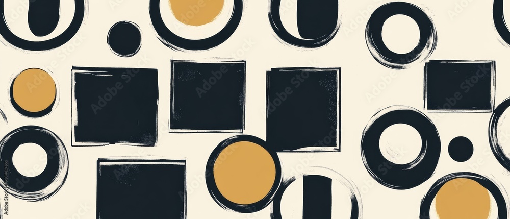 Poster A black and yellow patterned background with circles and squares