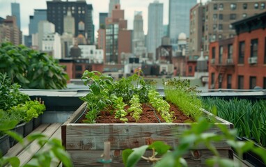 Fototapeta premium Urban rooftop micro-farming with diverse crops in a small garden space overlooking the city skyline