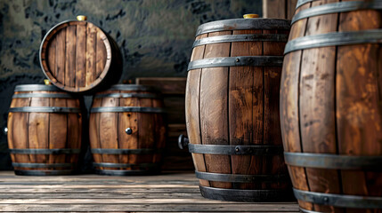 Fototapeta premium Old wooden barrels with grape wine, bottle, wine in glasses on a wooden background. Alcohol aging. Banner.