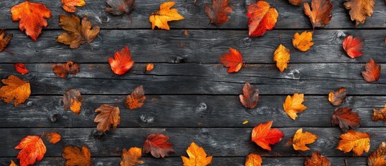 A wooden surface covered in autumn leaves