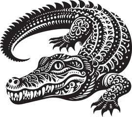 A black and white crocodile silhouette design