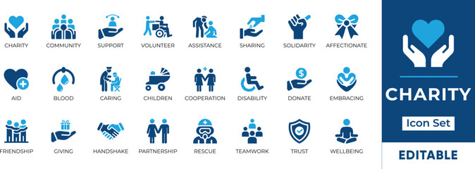 Charity Icon Set. Features community, support, volunteerism, and donation. Perfect for non-profit organizations, social causes, and charitable initiatives. Editable vector graphics for customization.