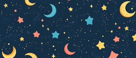 A colorful background with stars and crescent moons