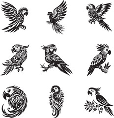 Fototapeta premium Black and white parrot silhouette design collection