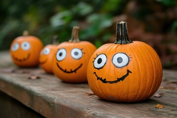 Joyful Pumpkins, Cheerful cartoon pumpkins with oversized eyes and smiling faces, bright colors, whimsical autumn charm, playful and inviting atmosphere