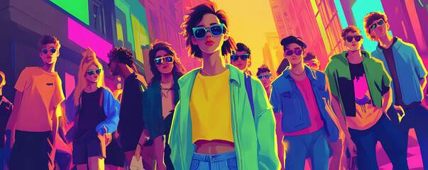 Vivid active teenagers together in city street, bright background. Gen z people