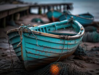 Fishing village with boats and nets, rustic and serene, Coastal, Cool tones, Photograph, Seaside life