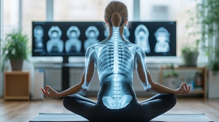 X-Ray Image of Yoga Practice on Screen in Diagnostic Lab with Empty Text Space | Calm and Focused Wellness Concept