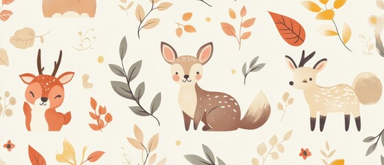 A cartoon drawing of a forest scene with a variety of animals including deer