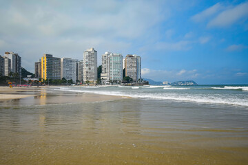 Landscape of a beautiful morning at Pitangueiras beach. Beach on downtown of Guaruja, SP, Brazil.
