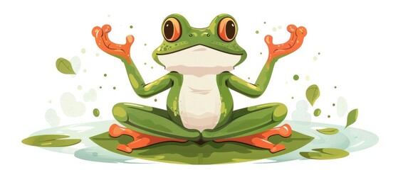 Obraz premium Cartoon frog in a meditative pose on a lily pad, surrounded by serene water lilies.