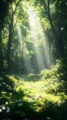Fototapeta premium Sunbeams illuminate a lush green forest floor, creating a magical atmosphere.
