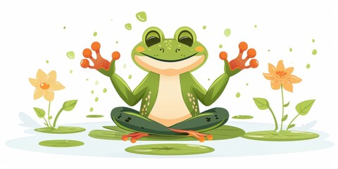 Obraz premium Cartoon frog in a meditative pose on a lily pad, surrounded by serene water lilies.