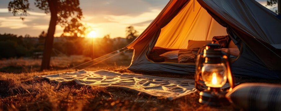 Glamping setup with a luxurious tent, cozy and adventurous, Nature, Warm tones, Photograph, Luxury camping