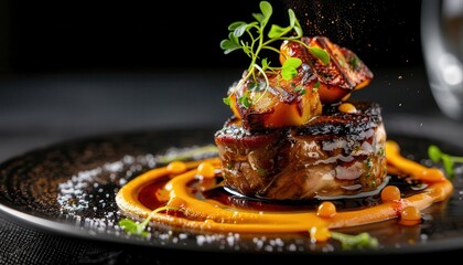 Gourmet cooking with a plated dish, artistic and refined, Culinary, Warm tones, Photograph, Culinary excellence