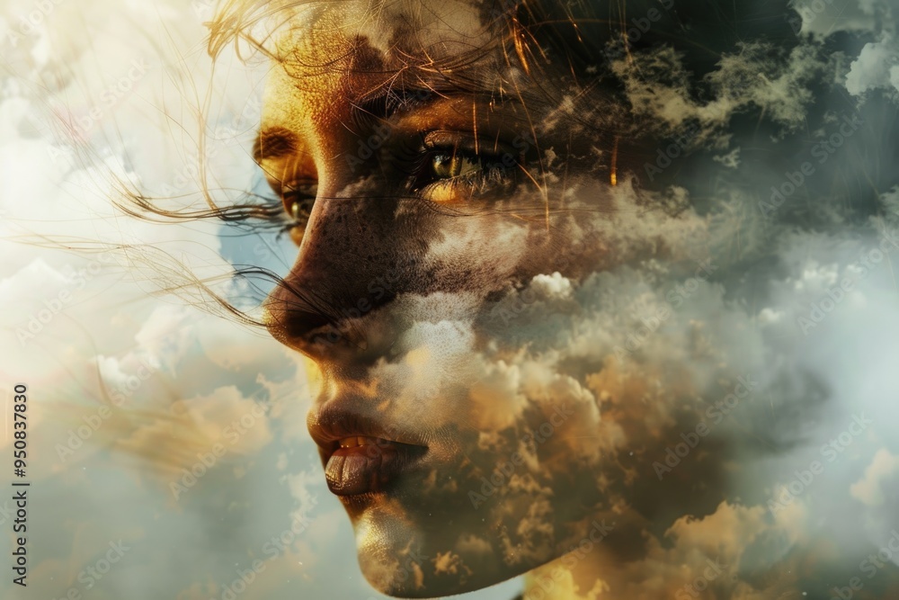 Poster a portrait of a woman with clouds in the background, ideal for use in lifestyle or conceptual images