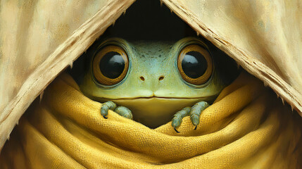 Fototapeta premium A green frog with large brown eyes peeking out from under a brown and yellow blanket. Generated with AI.