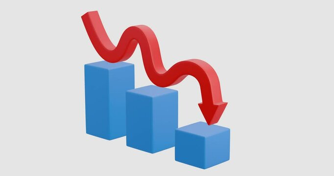 Bar chart and down arrow animation on white background, 3D animation of declining business