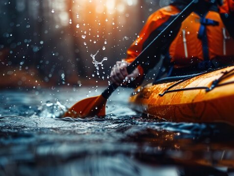 Kayaking adventure on a river, dynamic and adventurous, Nature, Cool tones, Photograph, Water sport