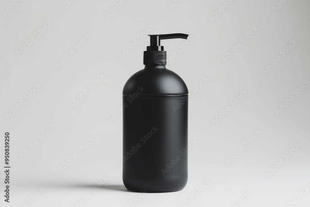 Poster a black bottle of liquid sits on a white surface, ready for use or display